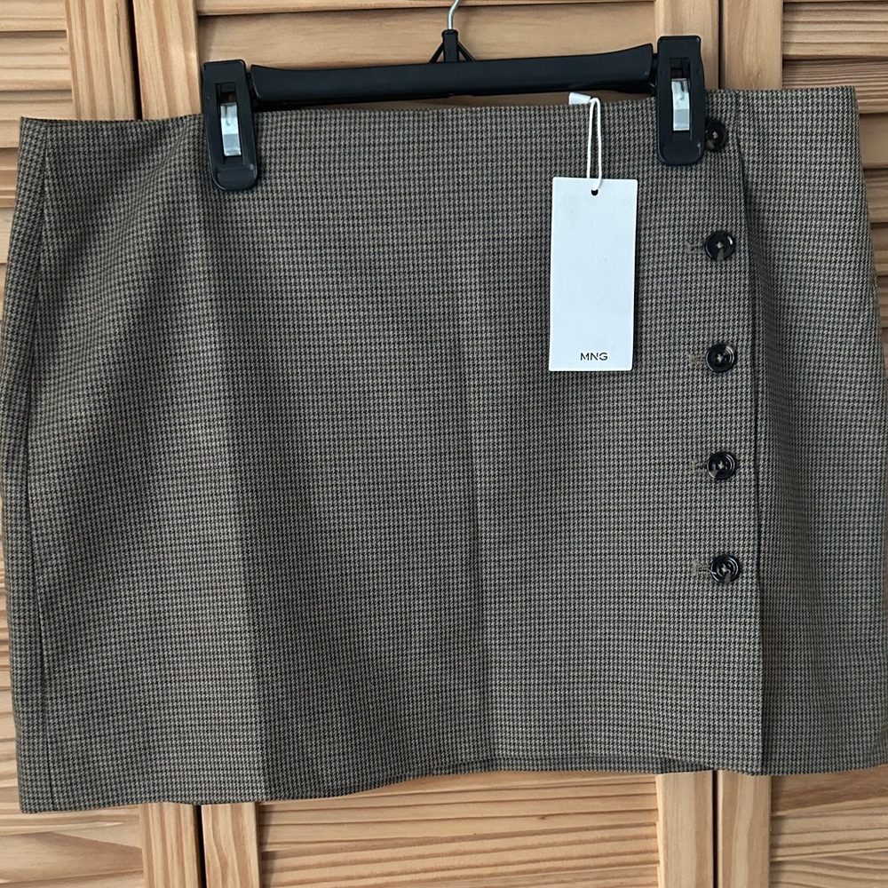Mango Tan Checkered Mini Skirt with Button Detail